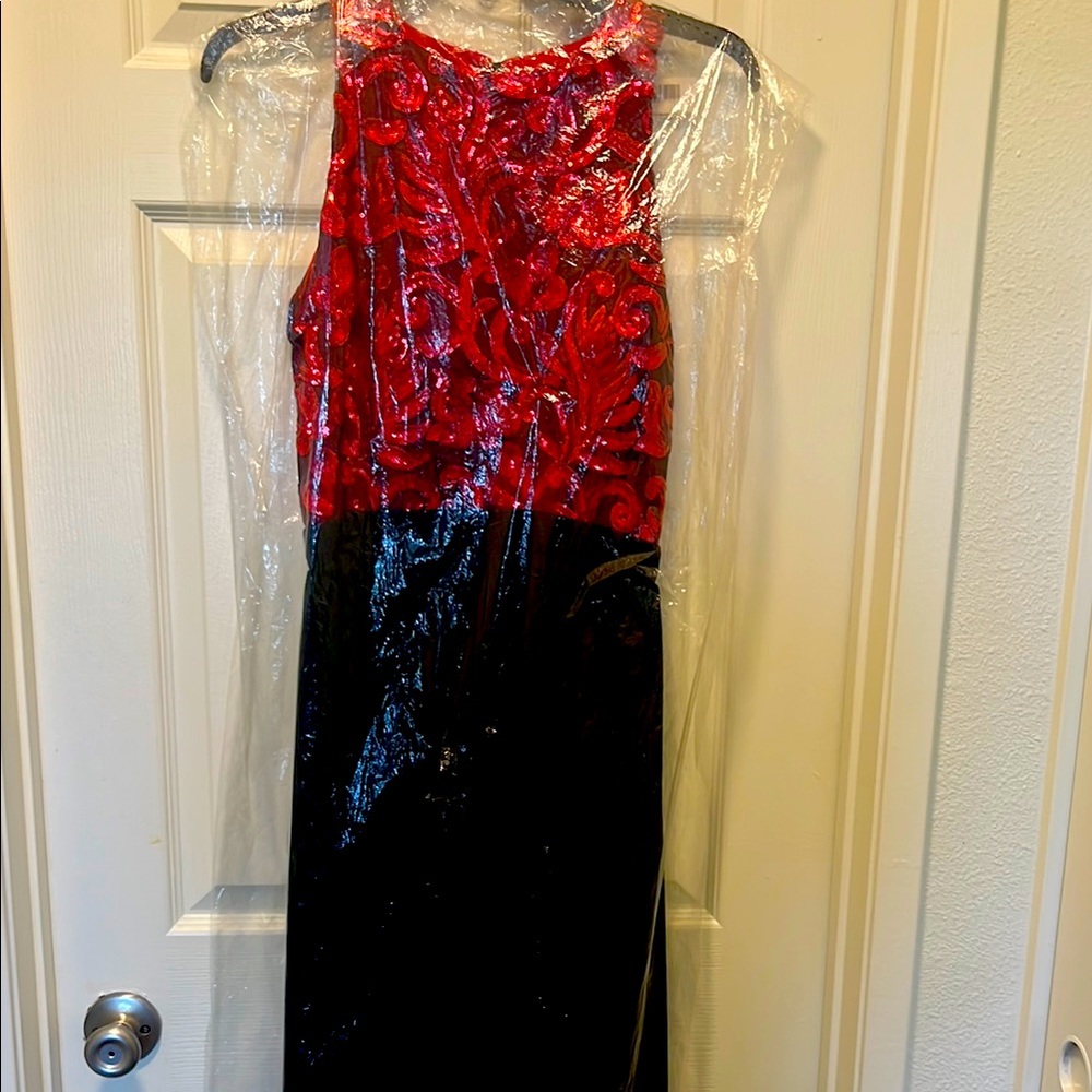 Women’s red sequin black floor length evening ballgown